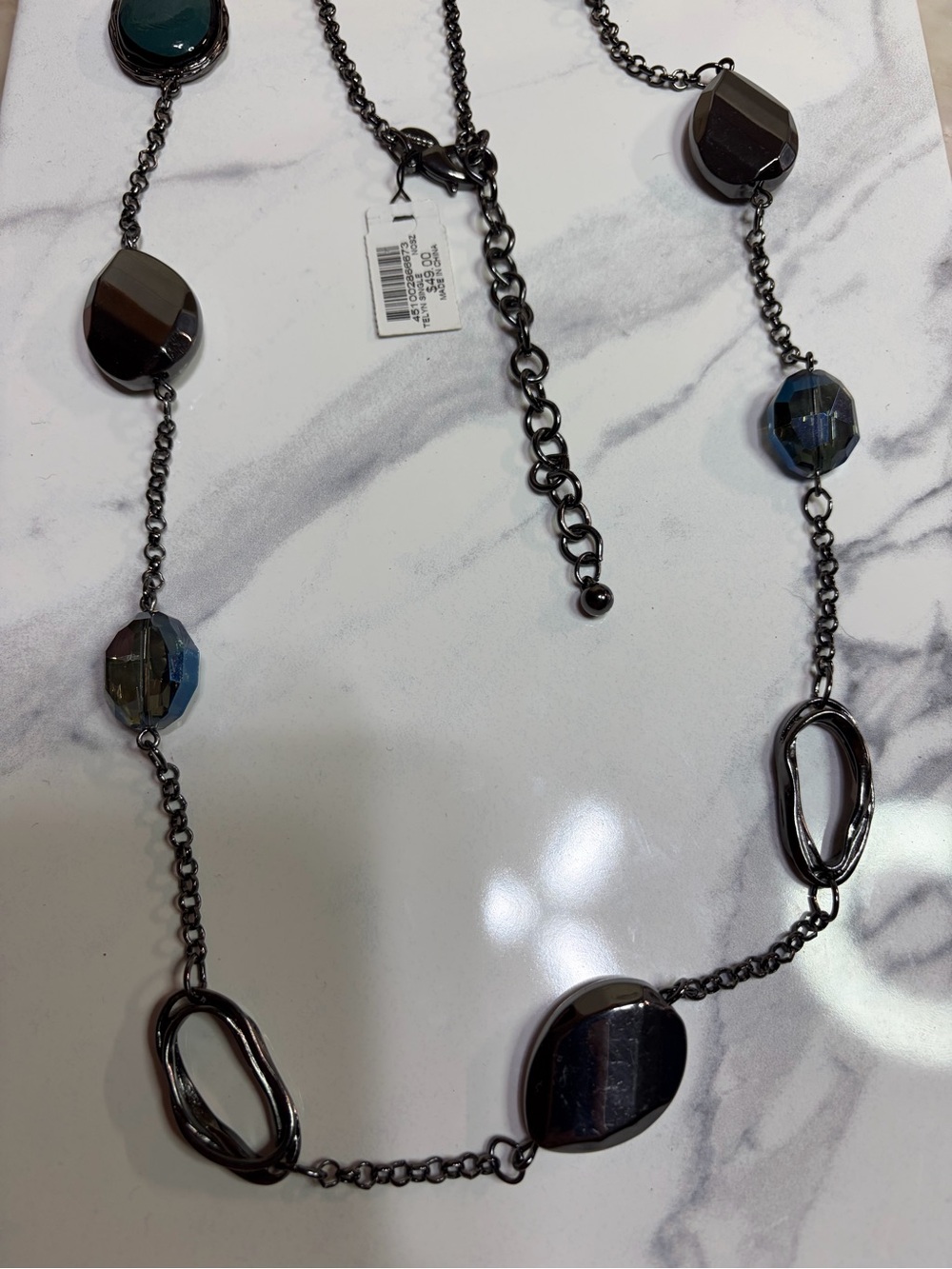 Chico's Gunmetal and Blue Faceted Link Necklace